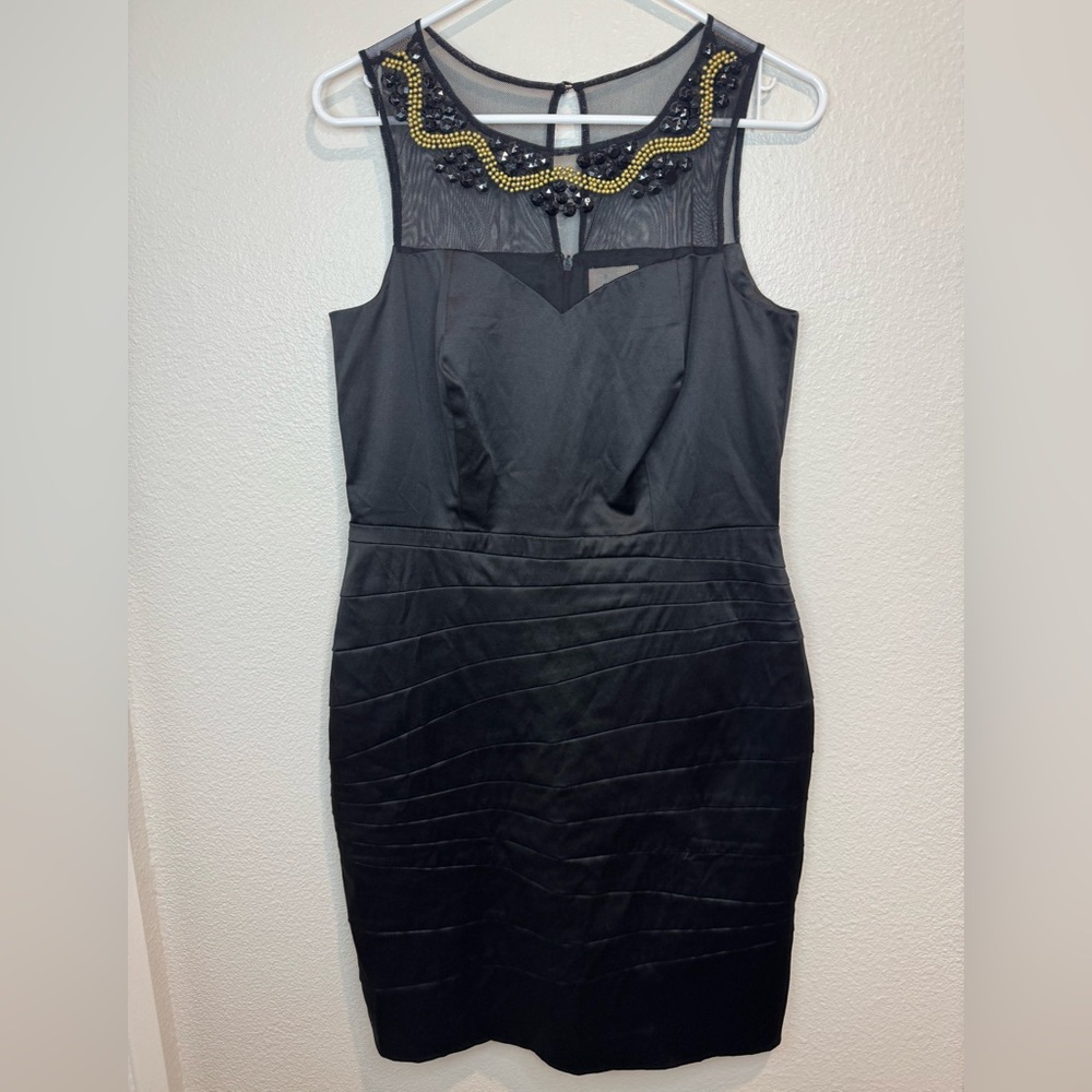Eci New York Y2K Beaded Mesh Black Taffeta Cocktail Dress Size 10
